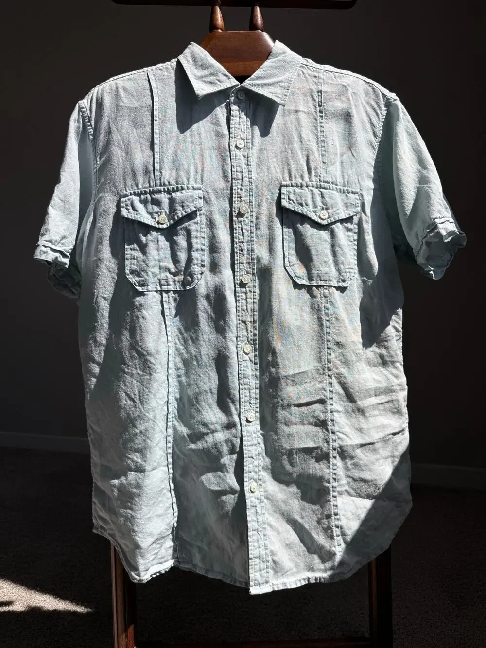 Banana Republic 100% Linen Shirt Men’s L Blue Short Sleeve Safari Beach Coastal
